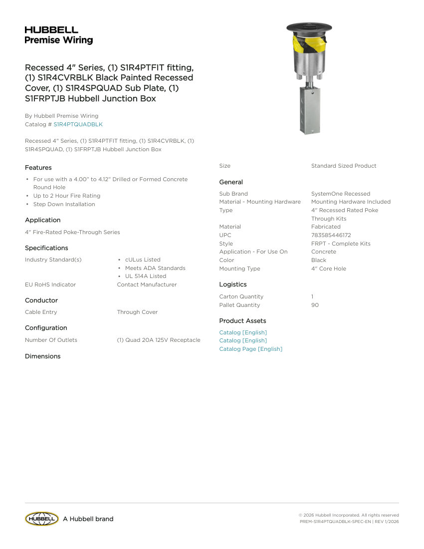 Hubbell Premise Wiring PREM-S1R4PTQUADBLK cut sheet — first page