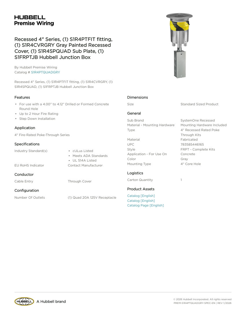 Hubbell Premise Wiring PREM-S1R4PTQUADGRY cut sheet — first page
