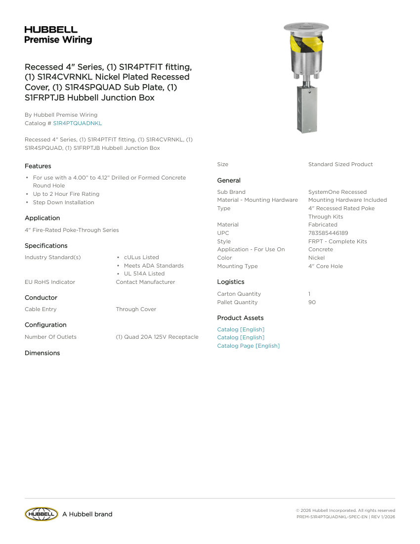 Hubbell Premise Wiring PREM-S1R4PTQUADNKL cut sheet — first page