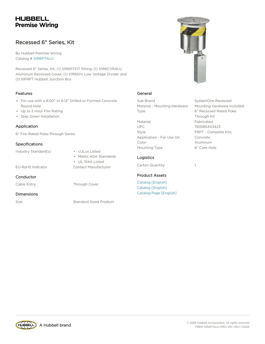 Hubbell Premise Wiring PREM-S1R6PTALU cut sheet — first page