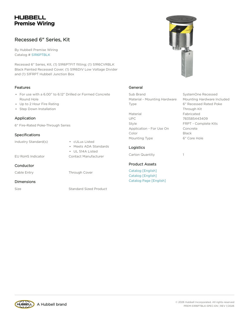 Hubbell Premise Wiring PREM-S1R6PTBLK cut sheet — first page
