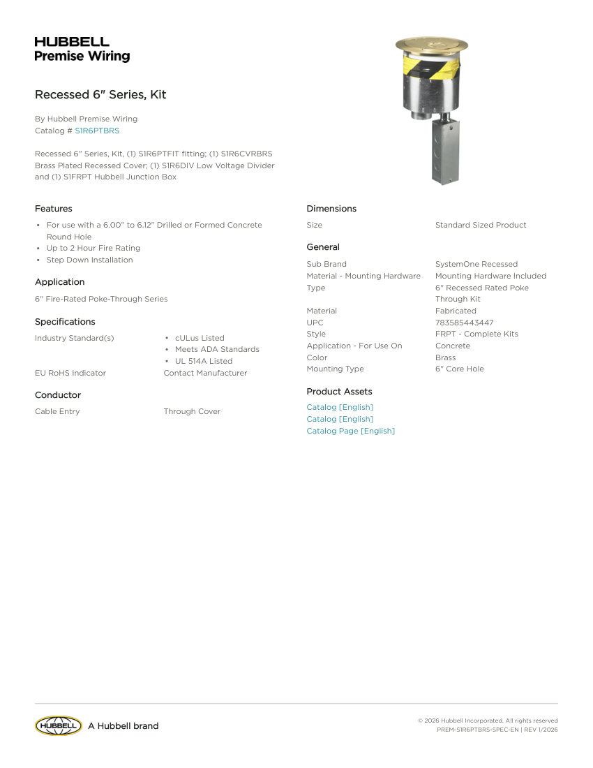 Hubbell Premise Wiring PREM-S1R6PTBRS cut sheet — first page
