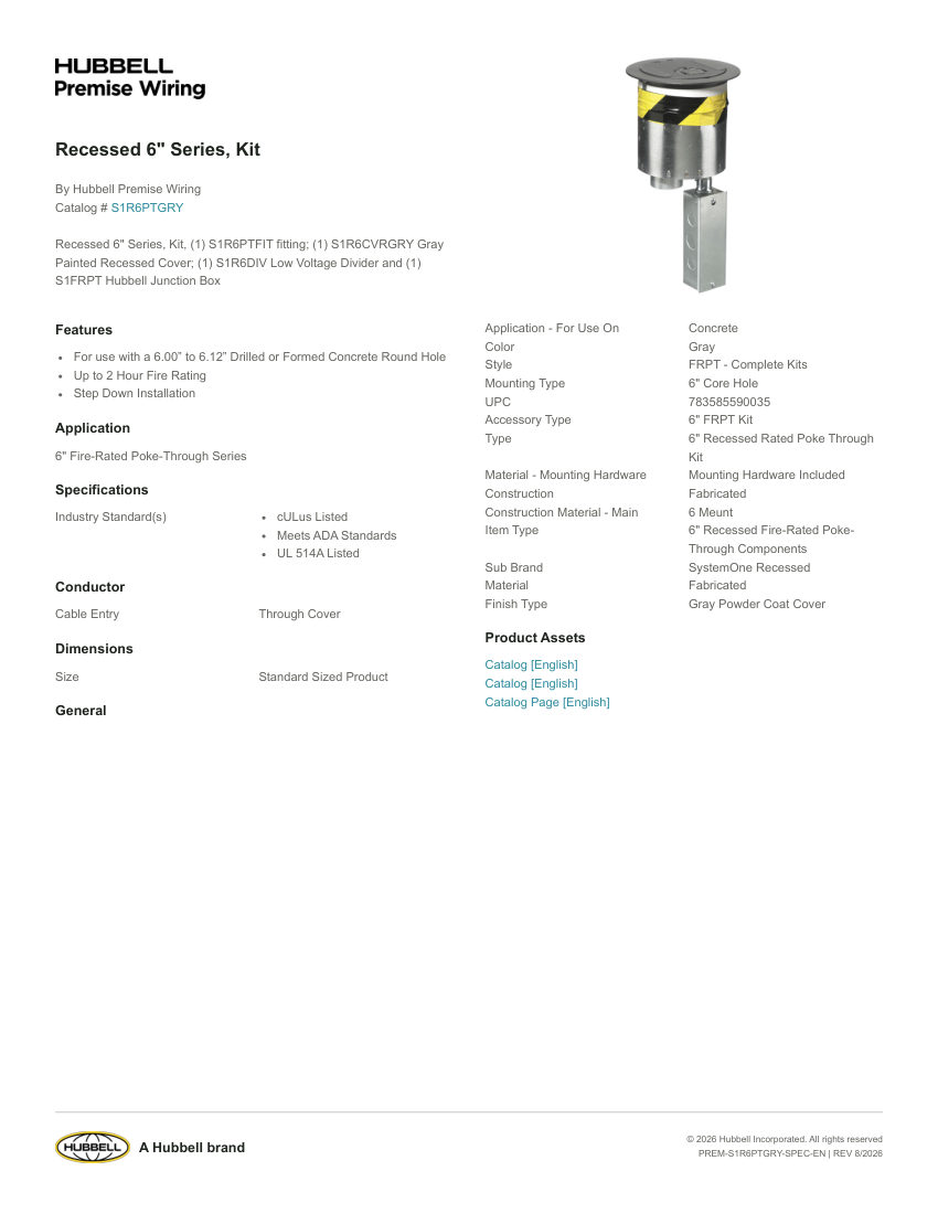 Hubbell Premise Wiring PREM-S1R6PTGRY cut sheet — first page