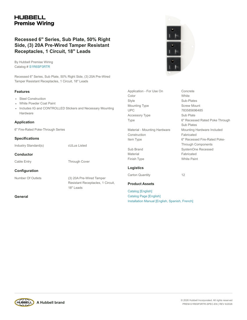 Hubbell Premise Wiring PREM-S1R6SP3RTR cut sheet — first page