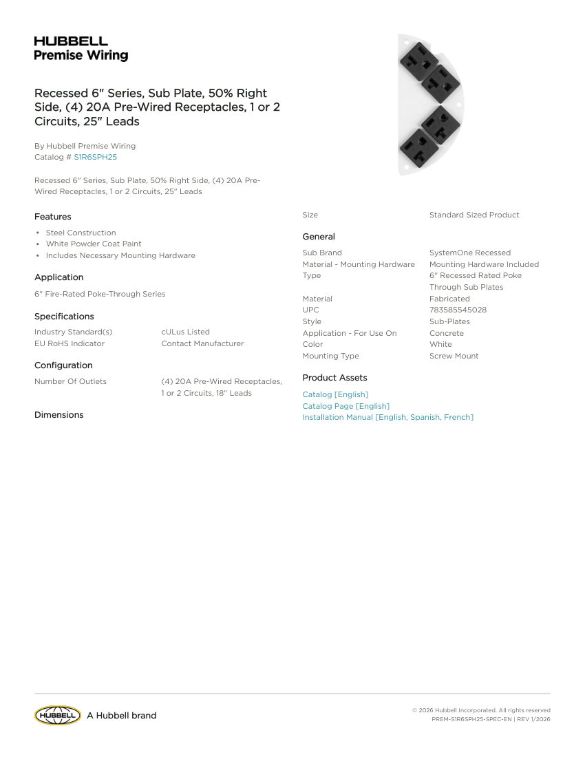 Hubbell Premise Wiring PREM-S1R6SPH25 cut sheet — first page