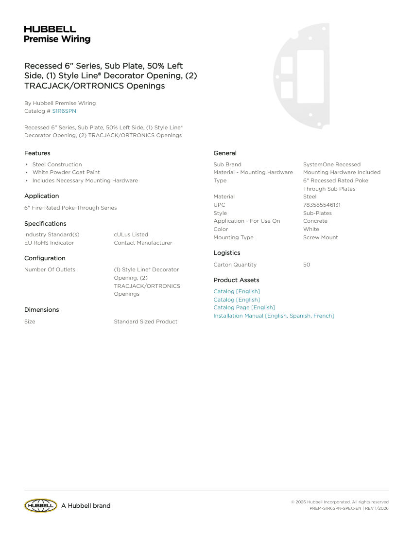 Hubbell Premise Wiring PREM-S1R6SPN cut sheet — first page