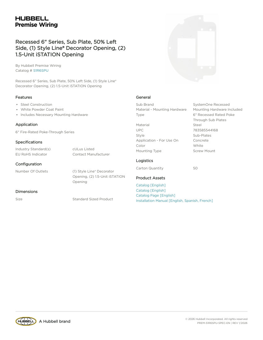 Hubbell Premise Wiring PREM-S1R6SPU cut sheet — first page