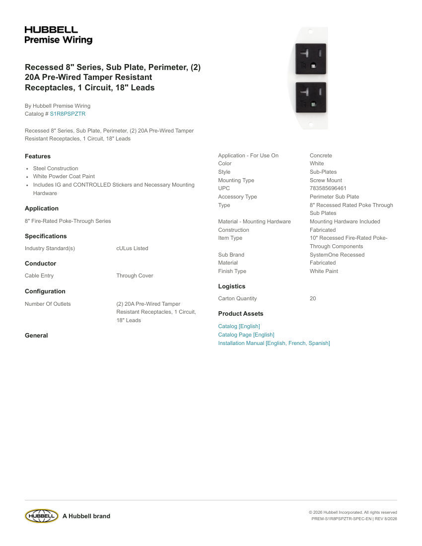 Hubbell Premise Wiring PREM-S1R8PSPZTR cut sheet — first page
