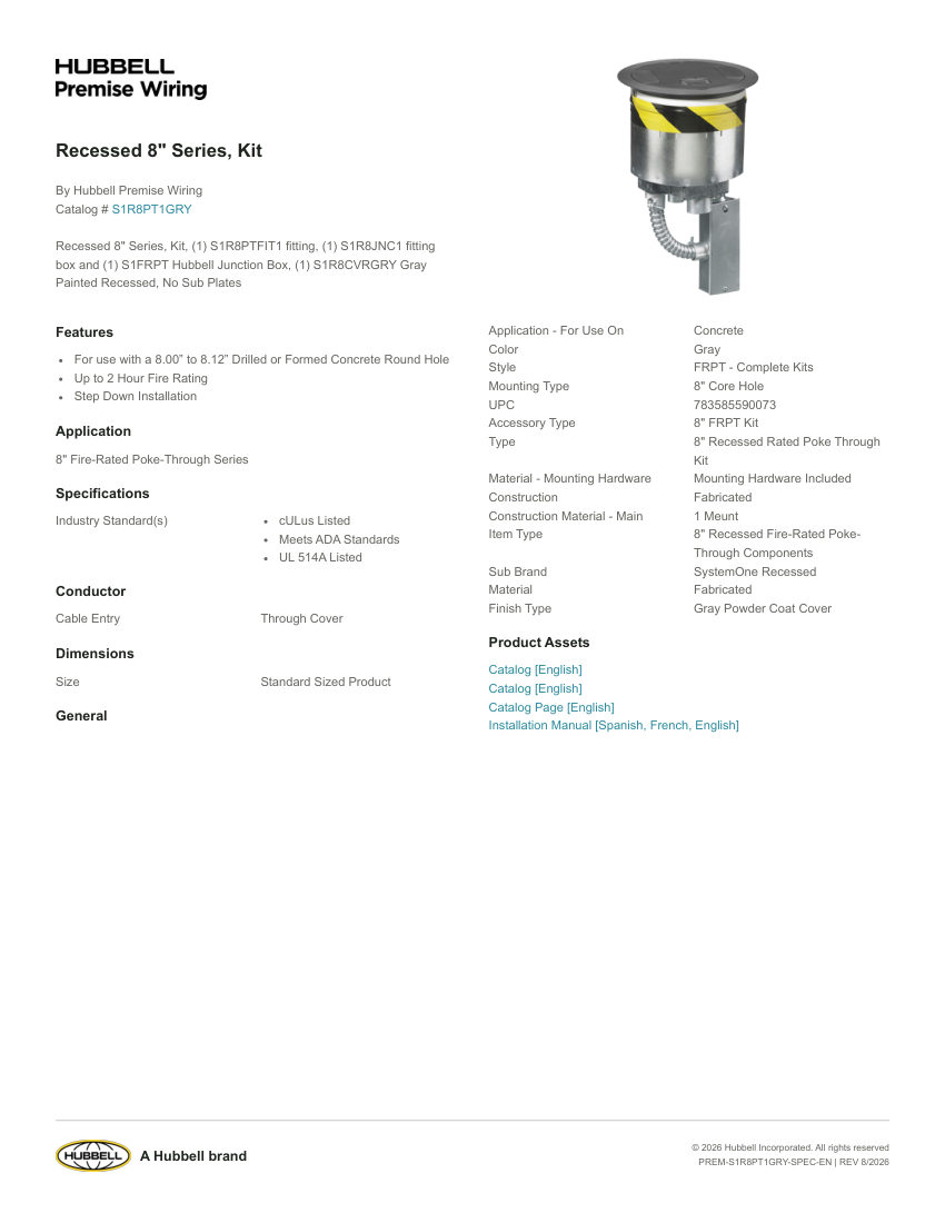 Hubbell Premise Wiring PREM-S1R8PT1GRY cut sheet — first page