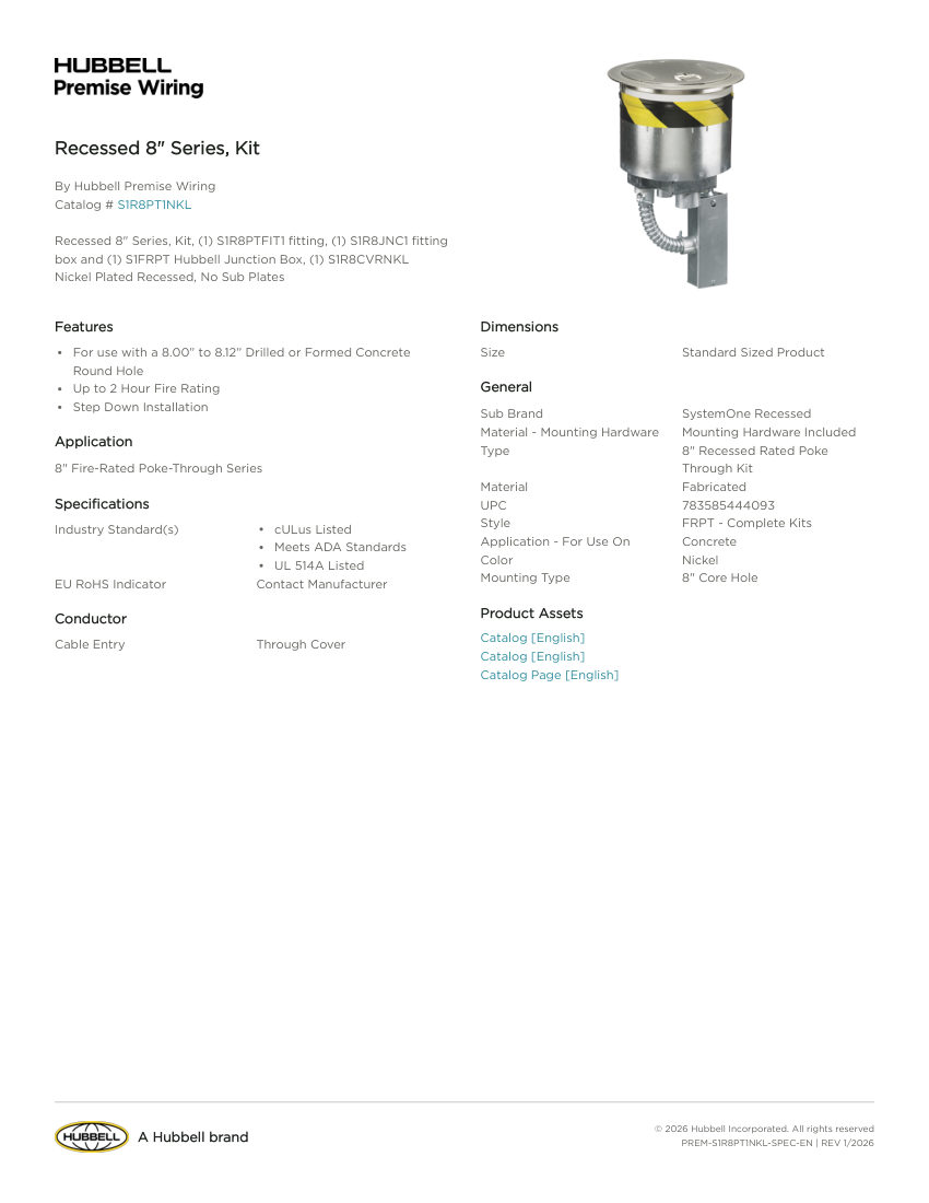 Hubbell Premise Wiring PREM-S1R8PT1NKL cut sheet — first page