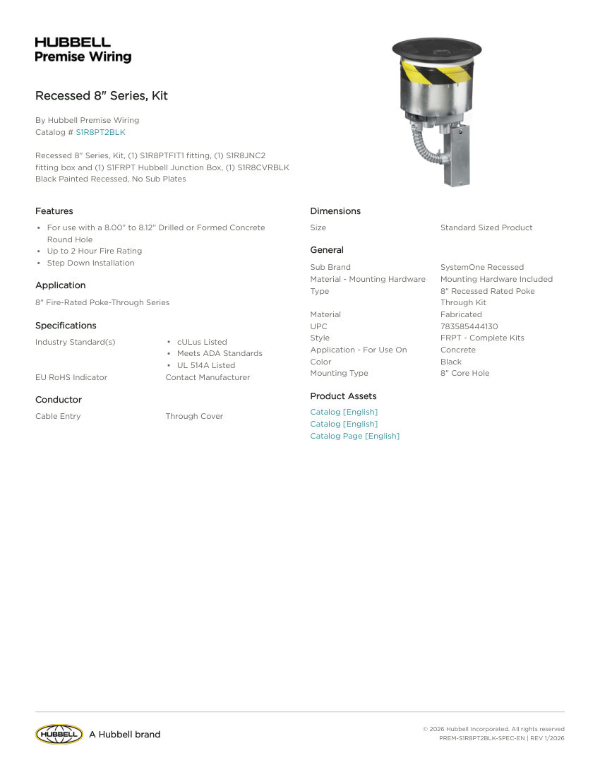 Hubbell Premise Wiring PREM-S1R8PT2BLK cut sheet — first page