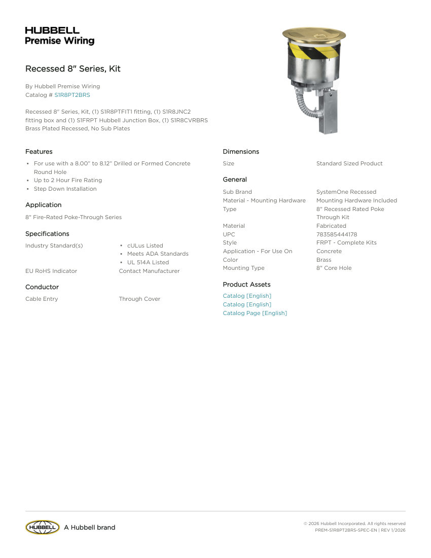 Hubbell Premise Wiring PREM-S1R8PT2BRS cut sheet — first page