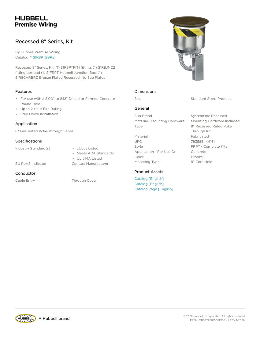 Hubbell Premise Wiring PREM-S1R8PT2BRZ cut sheet — first page