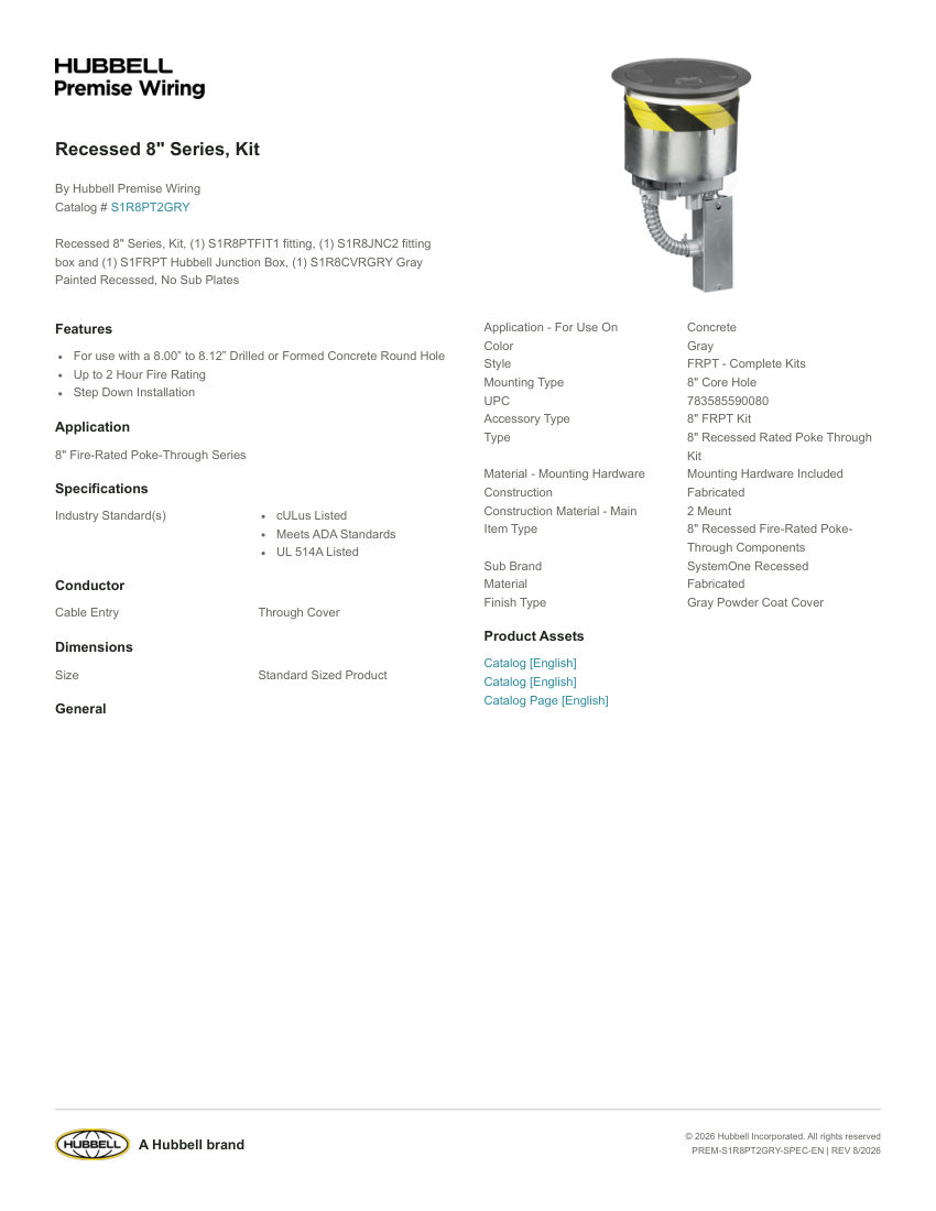 Hubbell Premise Wiring PREM-S1R8PT2GRY cut sheet — first page