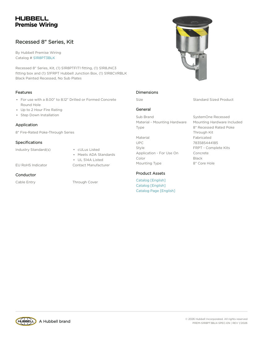 Hubbell Premise Wiring PREM-S1R8PT3BLK cut sheet — first page