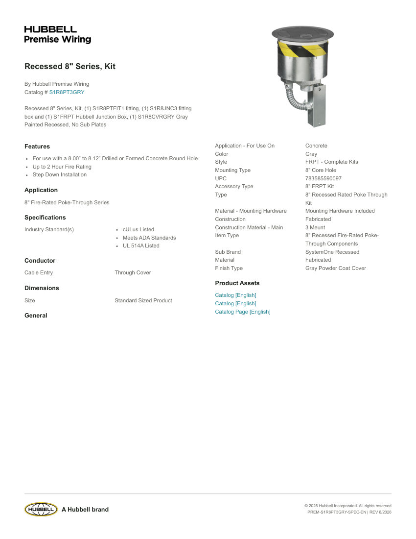 Hubbell Premise Wiring PREM-S1R8PT3GRY cut sheet — first page