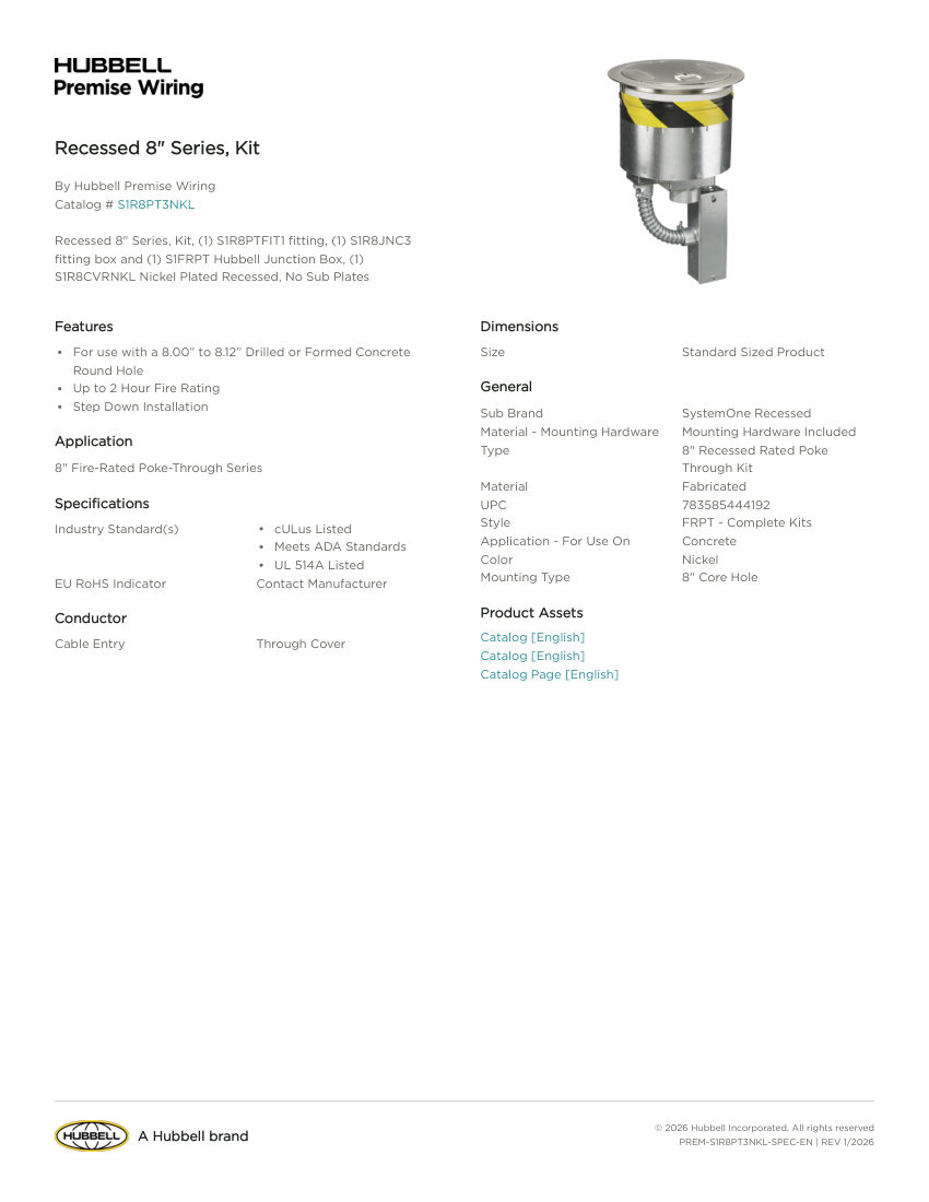 Hubbell Premise Wiring PREM-S1R8PT3NKL cut sheet — first page