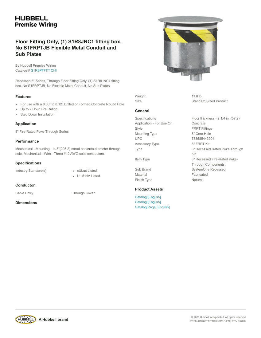 Hubbell Premise Wiring PREM-S1R8PTFIT1CHI cut sheet — first page