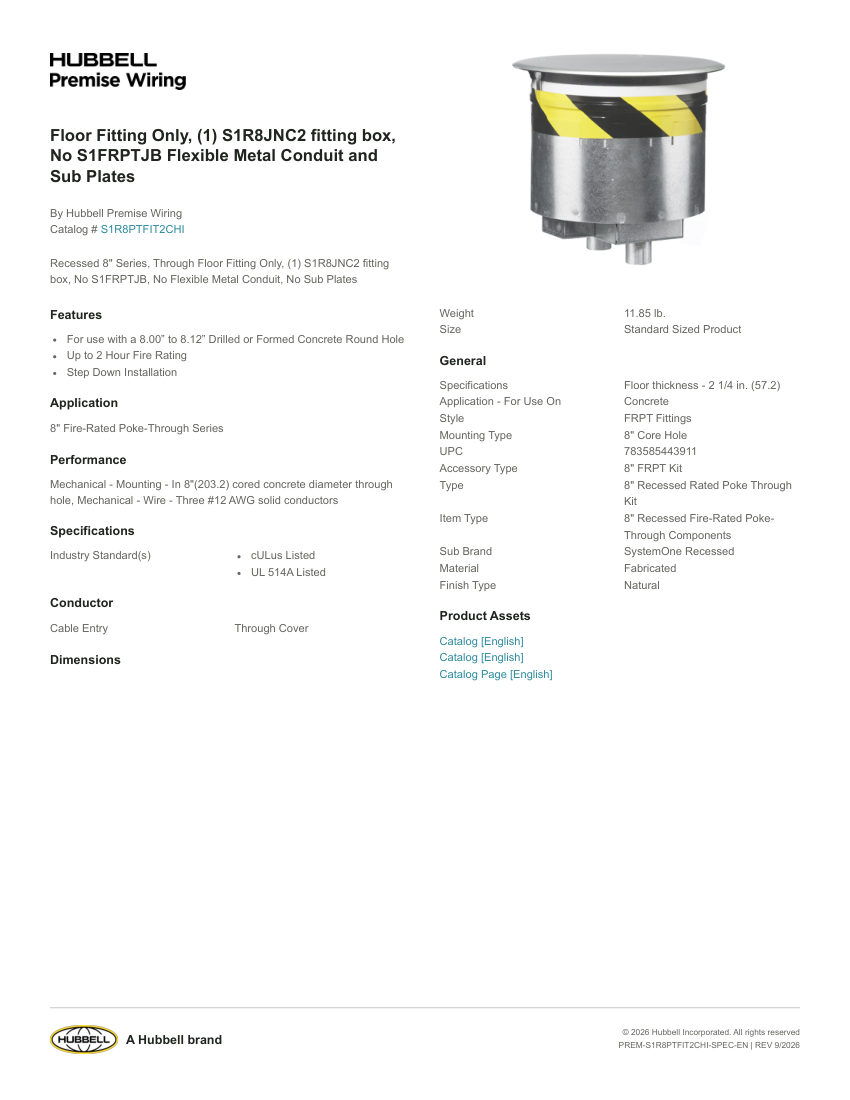 Hubbell Premise Wiring PREM-S1R8PTFIT2CHI cut sheet — first page