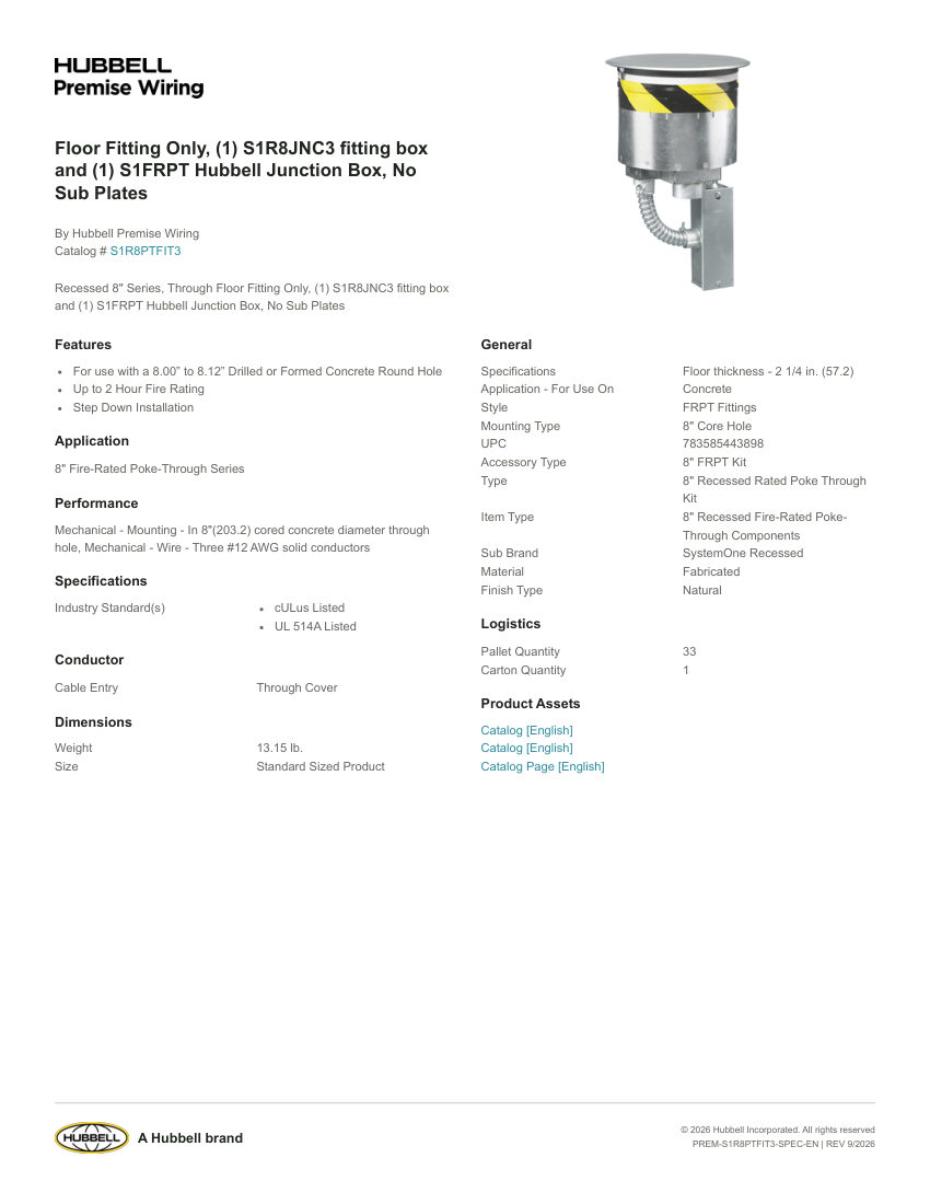 Hubbell Premise Wiring PREM-S1R8PTFIT3 cut sheet — first page