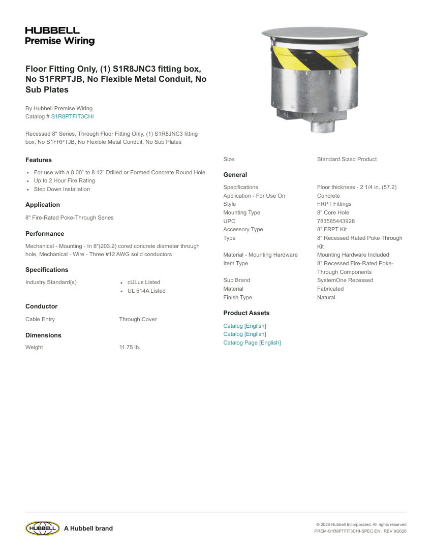 Hubbell Premise Wiring PREM-S1R8PTFIT3CHI cut sheet — first page