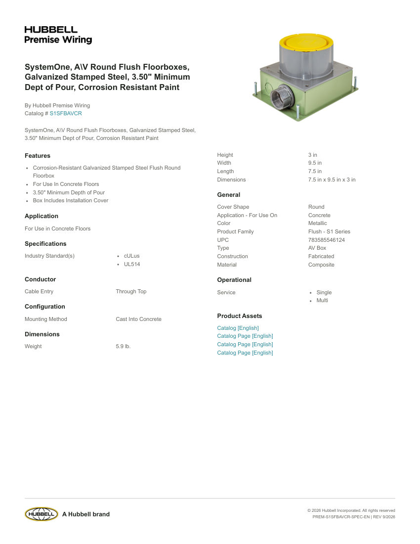 Hubbell Premise Wiring PREM-S1SFBAVCR cut sheet — first page