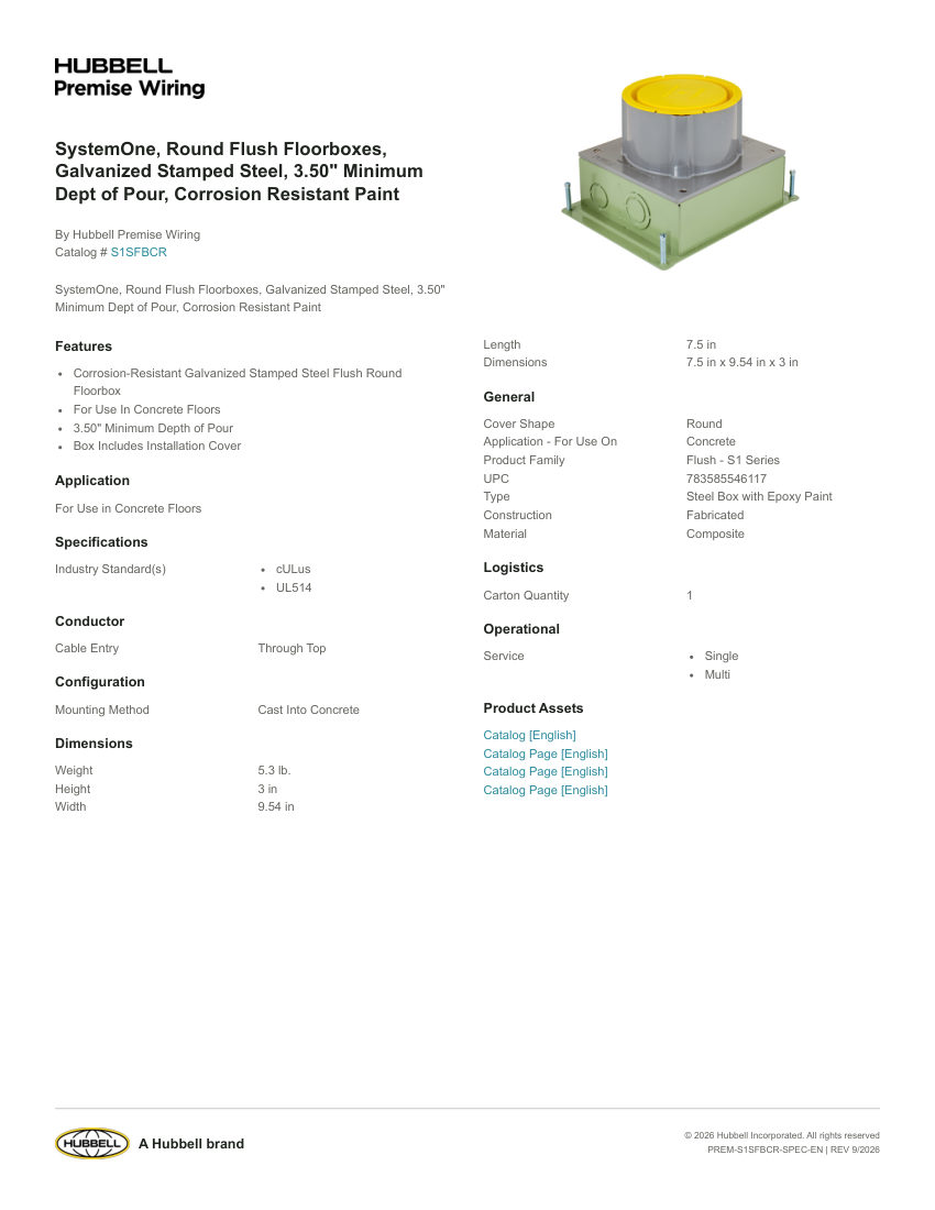 Hubbell Premise Wiring PREM-S1SFBCR cut sheet — first page