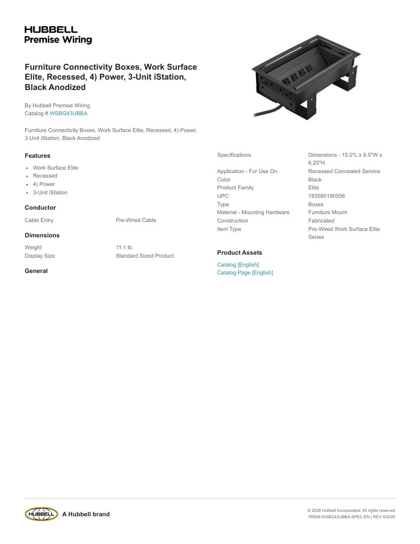 Hubbell Premise Wiring PREM-WSBG43UBBA cut sheet — first page