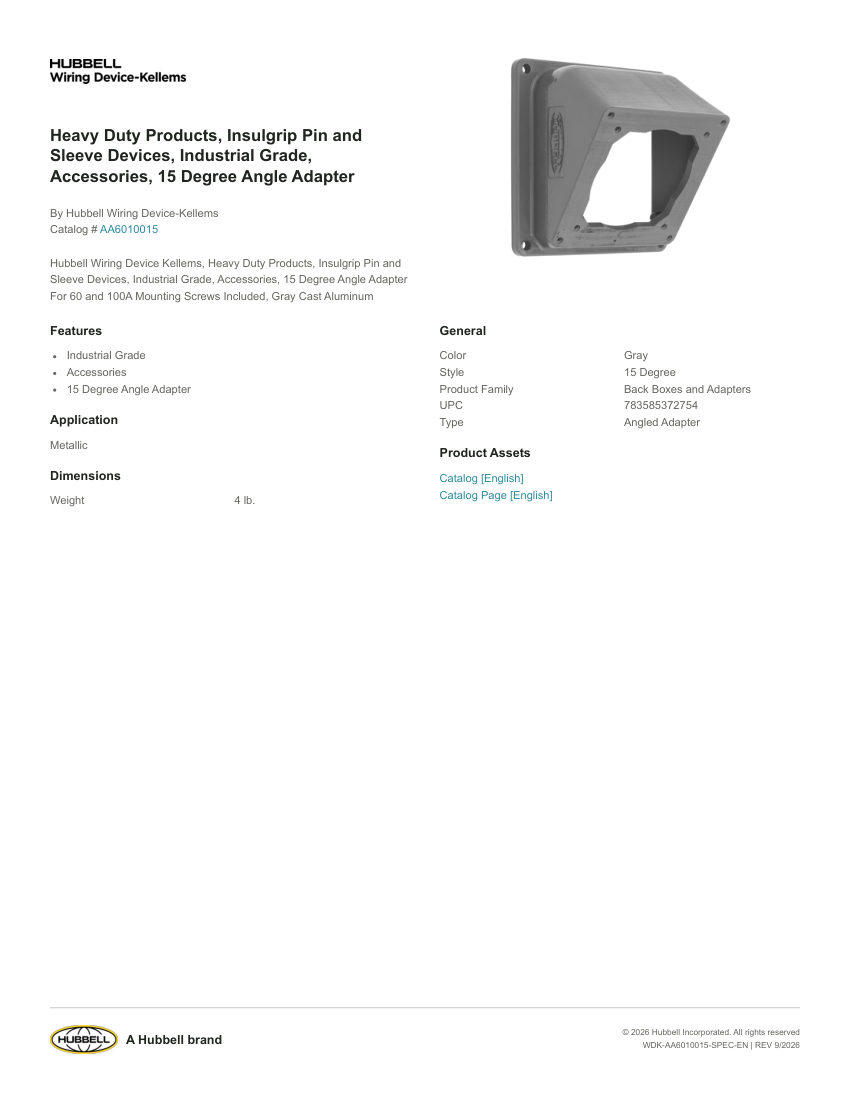 Hubbell Wiring Device-Kellems WDK-AA6010015 cut sheet — first page
