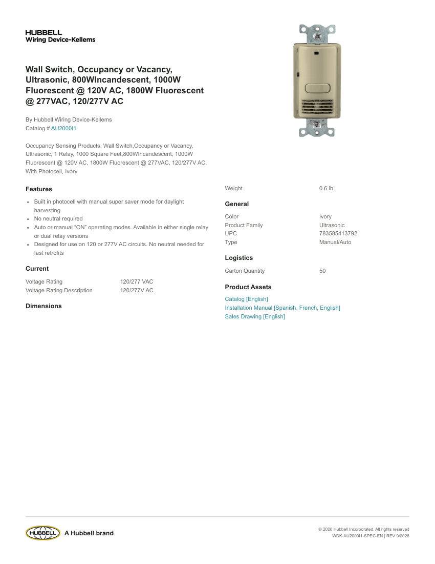 Hubbell Wiring Device-Kellems WDK-AU2000I1 cut sheet — first page