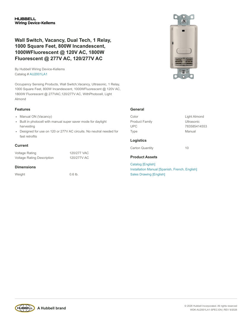 Hubbell Wiring Device-Kellems WDK-AU2001LA1 cut sheet — first page