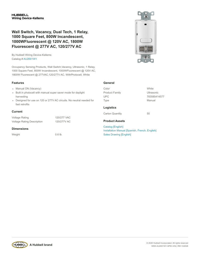 Hubbell Wiring Device-Kellems WDK-AU2001W1 cut sheet — first page