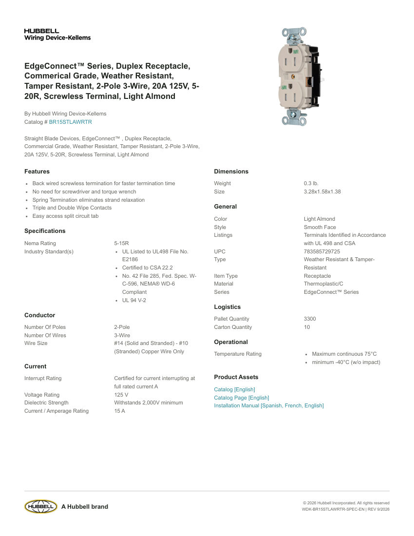Hubbell Wiring Device-Kellems WDK-BR15STLAWRTR cut sheet — first page