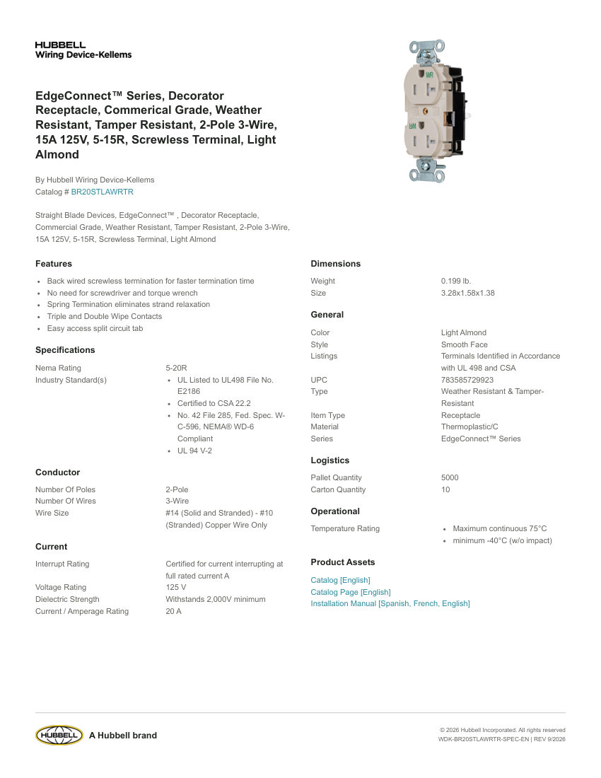 Hubbell Wiring Device-Kellems WDK-BR20STLAWRTR cut sheet — first page