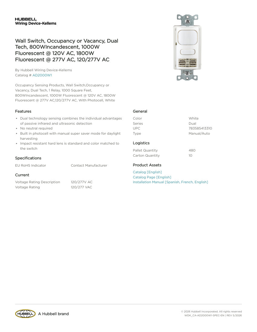Hubbell Wiring Device-Kellems WDK_CA-AD2000W1 cut sheet — first page