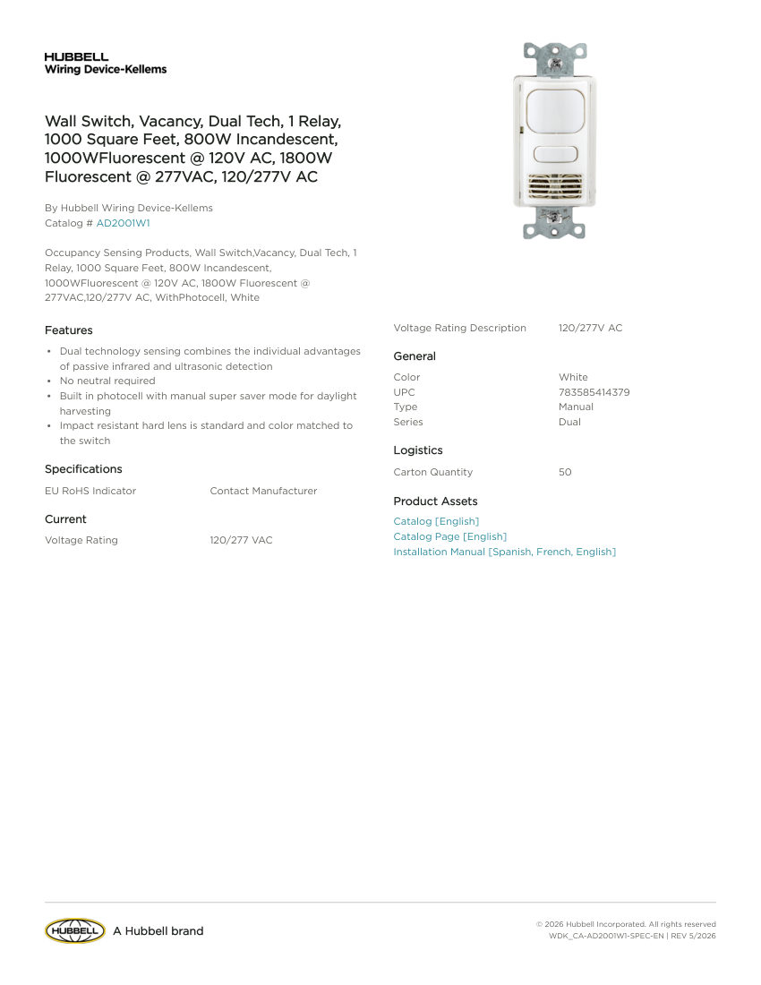 Hubbell Wiring Device-Kellems WDK_CA-AD2001W1 cut sheet — first page