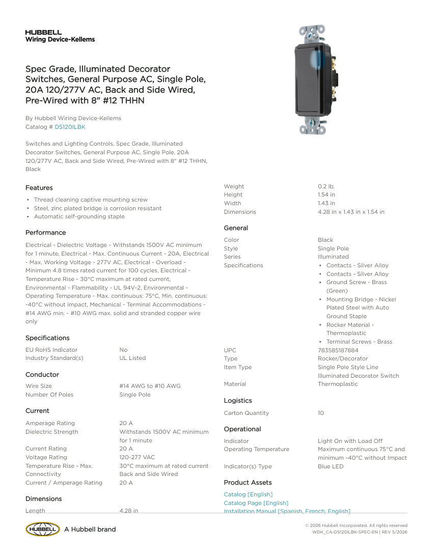 Hubbell Wiring Device-Kellems WDK_CA-DS120ILBK cut sheet — first page