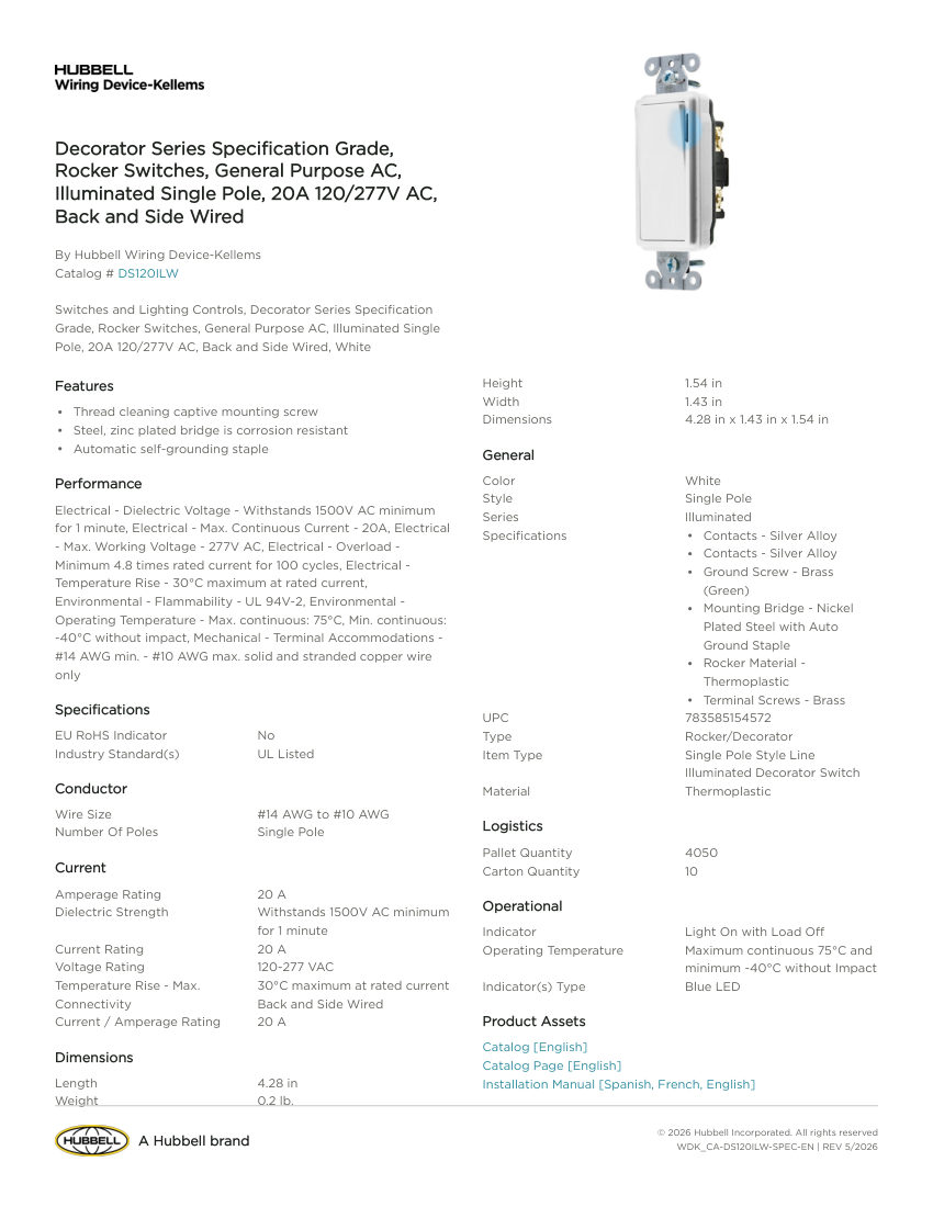 Hubbell Wiring Device-Kellems WDK_CA-DS120ILW cut sheet — first page