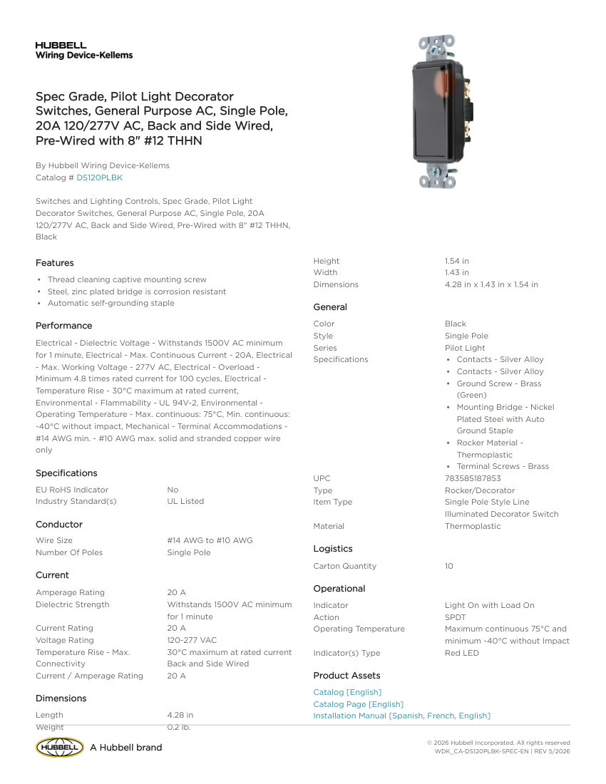 Hubbell Wiring Device-Kellems WDK_CA-DS120PLBK cut sheet — first page