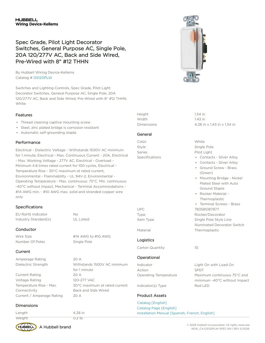 Hubbell Wiring Device-Kellems WDK_CA-DS120PLW cut sheet — first page