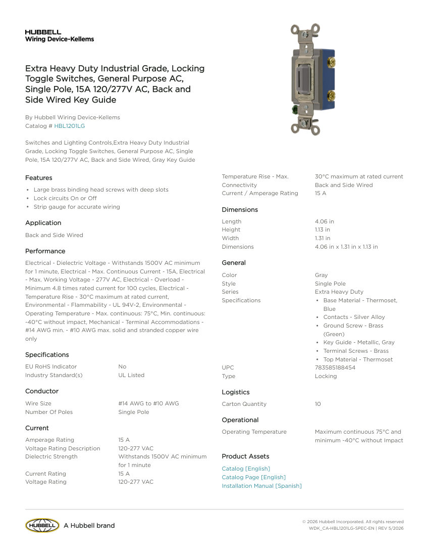 Hubbell Wiring Device-Kellems WDK_CA-HBL1201LG cut sheet — first page