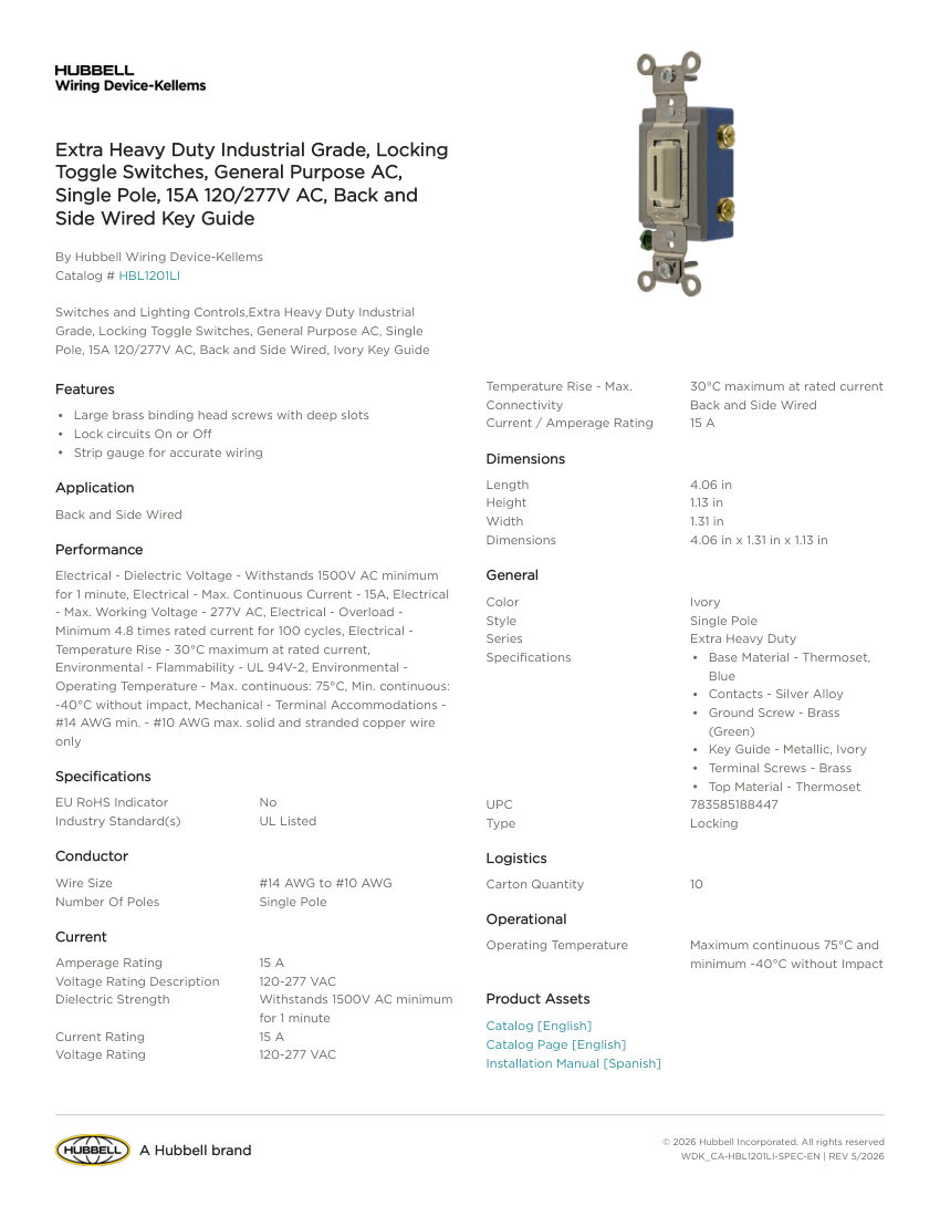 Hubbell Wiring Device-Kellems WDK_CA-HBL1201LI cut sheet — first page