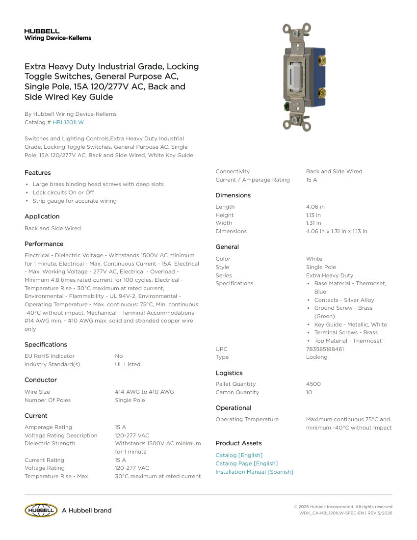Hubbell Wiring Device-Kellems WDK_CA-HBL1201LW cut sheet — first page