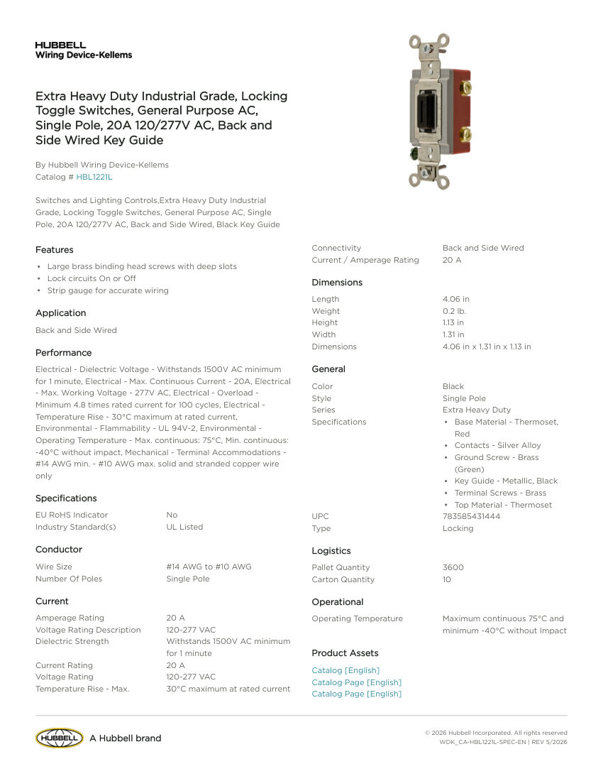 Hubbell Wiring Device-Kellems WDK_CA-HBL1221L cut sheet — first page