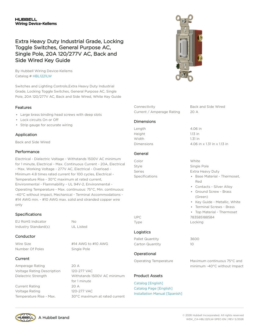 Hubbell Wiring Device-Kellems WDK_CA-HBL1221LW cut sheet — first page