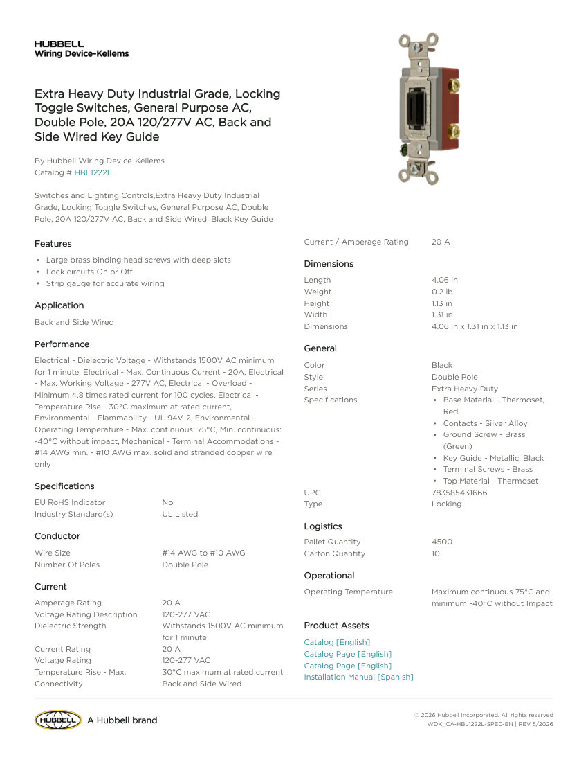 Hubbell Wiring Device-Kellems WDK_CA-HBL1222L cut sheet — first page