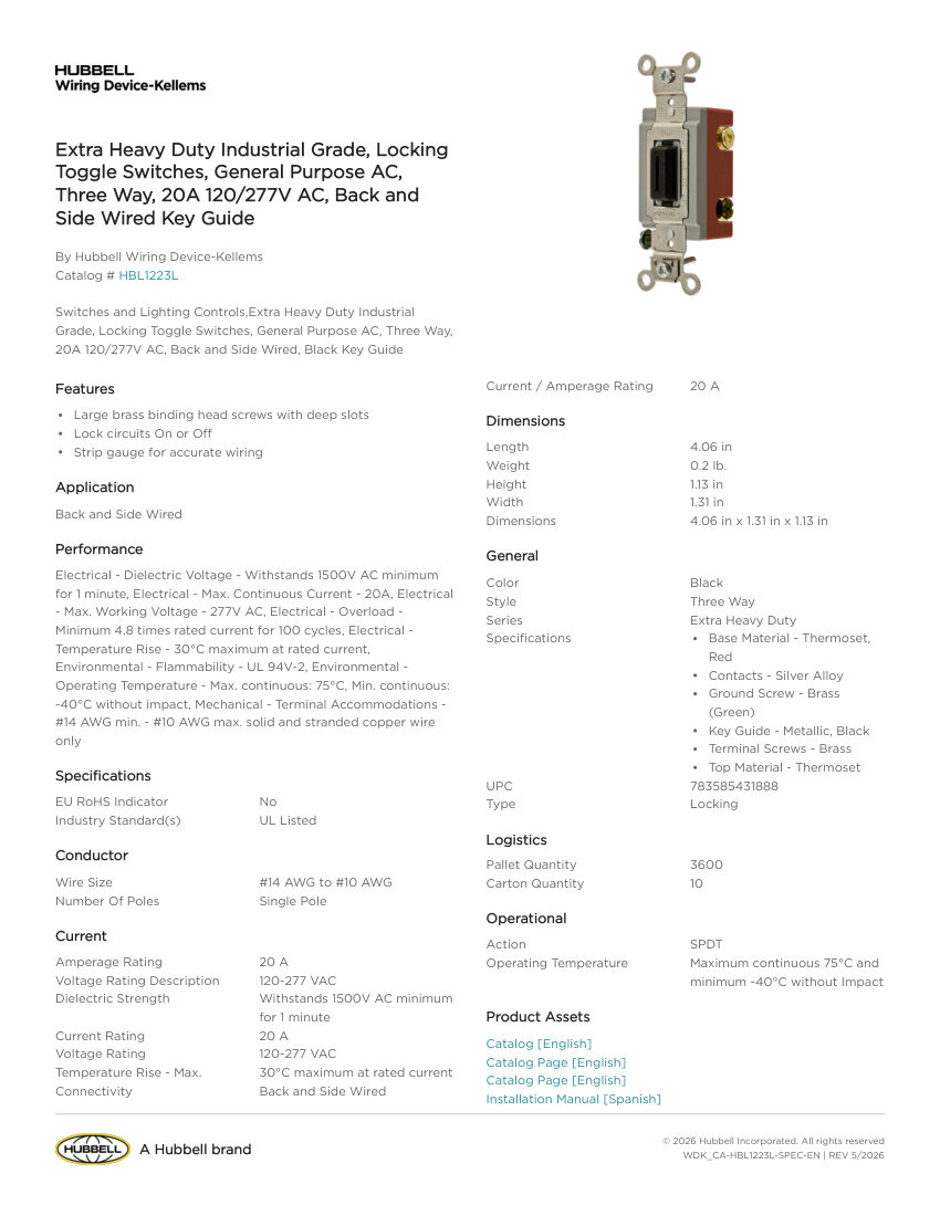 Hubbell Wiring Device-Kellems WDK_CA-HBL1223L cut sheet — first page