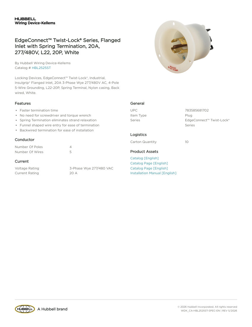 Hubbell Wiring Device-Kellems WDK_CA-HBL2525ST cut sheet — first page