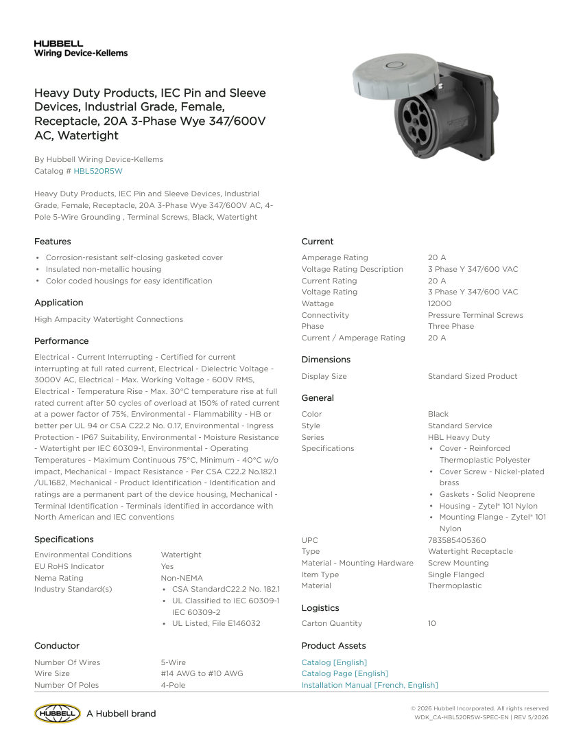 Hubbell Wiring Device-Kellems WDK_CA-HBL520R5W cut sheet — first page