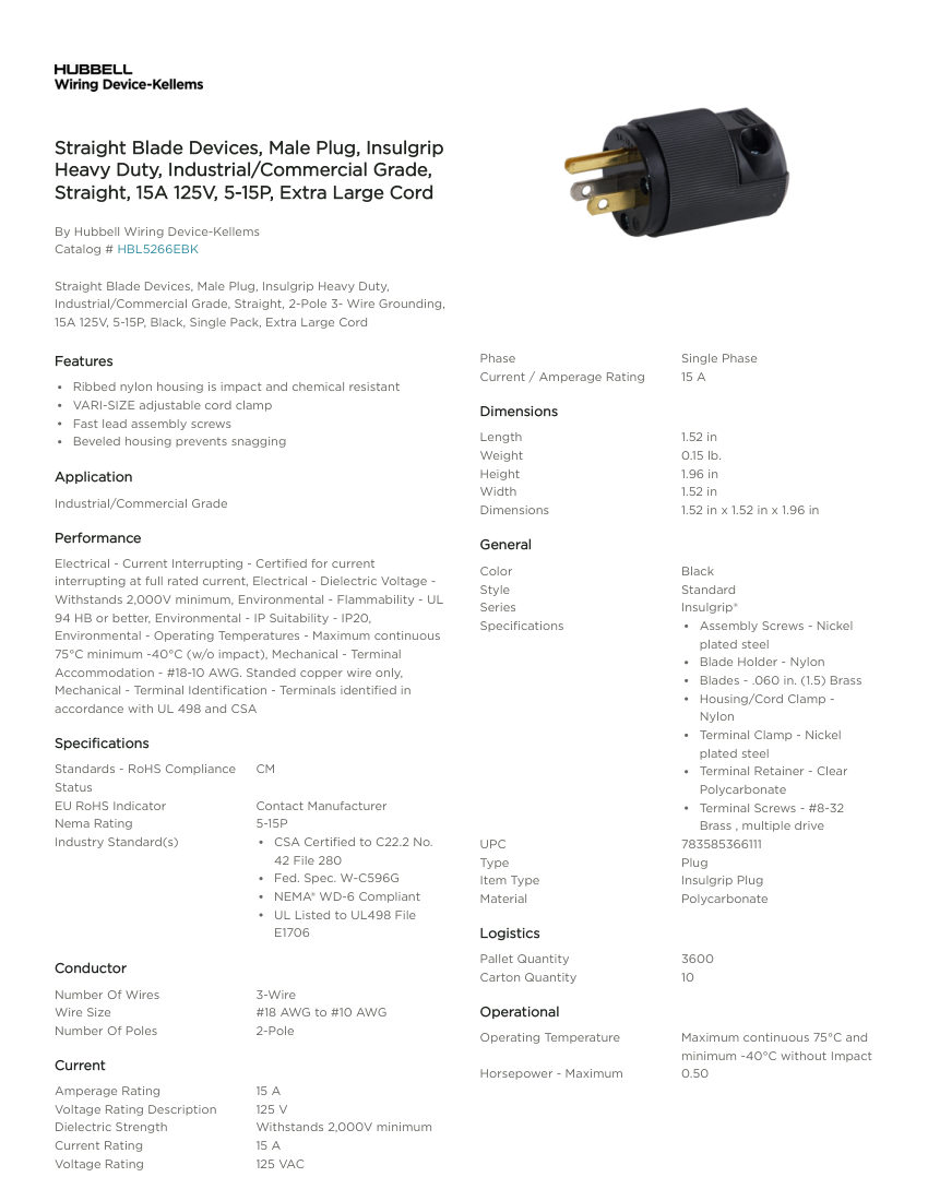 Hubbell Wiring Device-Kellems WDK_CA-HBL5266EBK cut sheet — first page